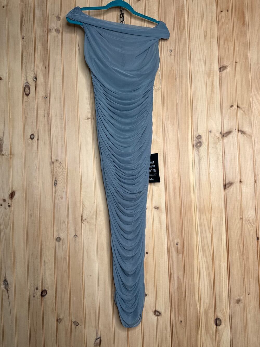 NWT Lulus Sunama Slate Blue Mesh Ruched Bodycon Midi Dress Size Large